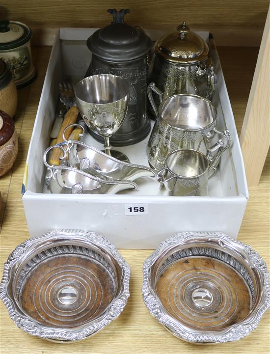 A group of plated wares and two damaged silver sauceboats